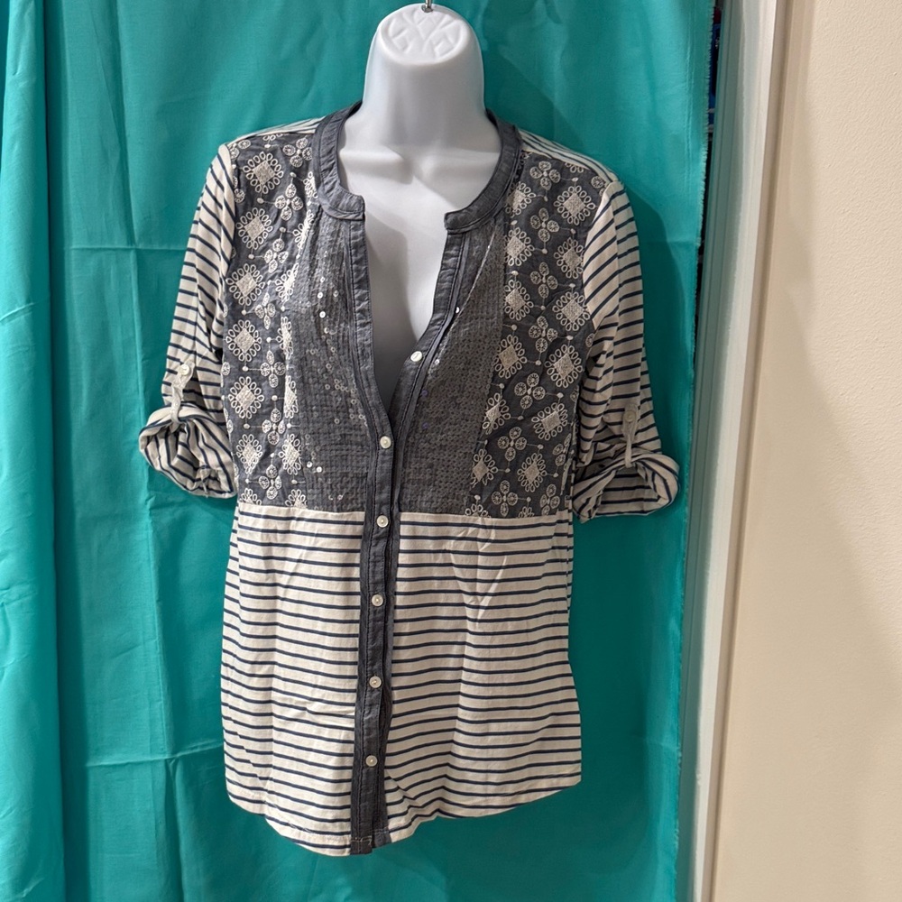 Striped and Patterned Women's Top - Blue and White